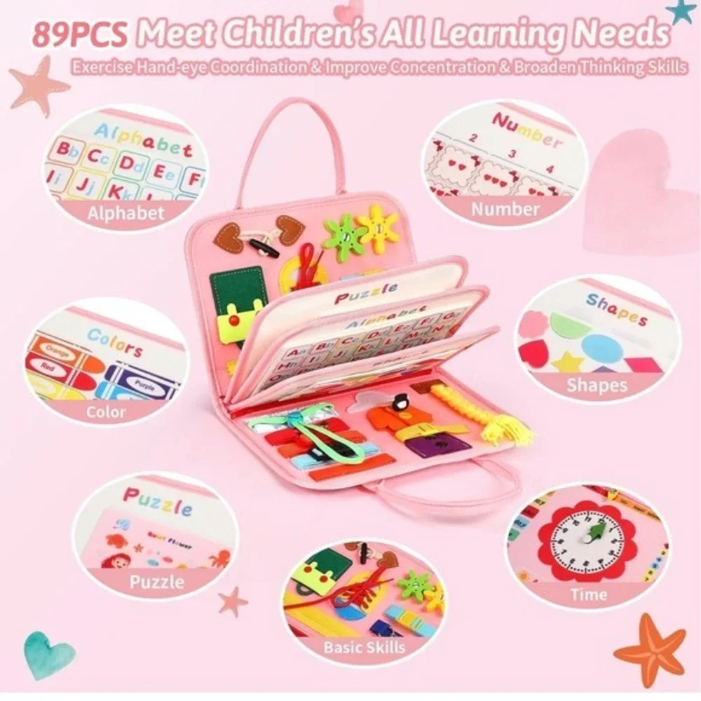Quiet Flower Busy Board Toddler Sensory Toy Mermaid Pink 89PCS